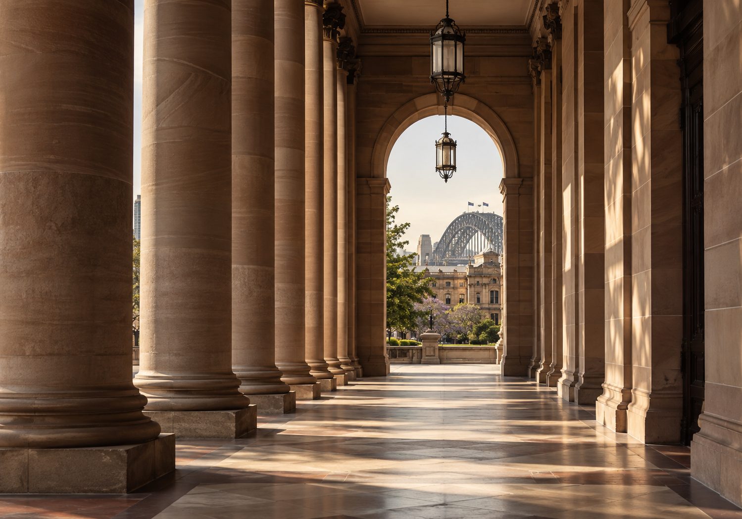 Illustration of a sandstone colonnade, its columns receding towards a sunlit courtyard.